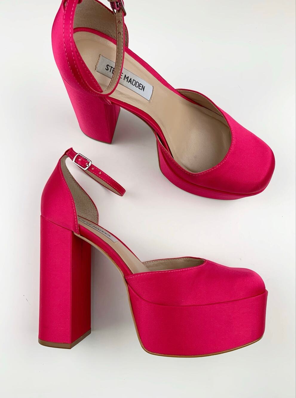 Steve Madden Agata Pink Satin Platform Block Heels Shoes Ankle Strap Women's 9.5